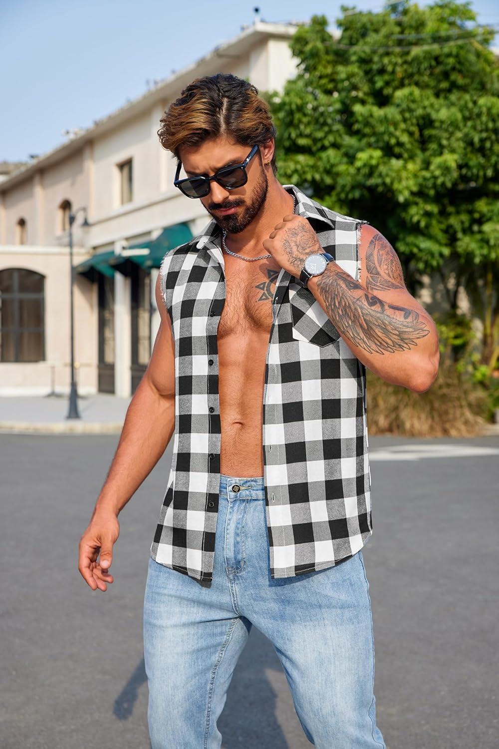 imageCOOFANDY Mens Sleeveless Flannel Shirt Casual Summer Tank Top Button Up Sleeveless Beach Shirts with Chest PocketBlack