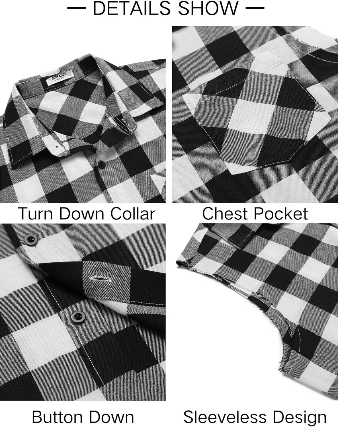 imageCOOFANDY Mens Sleeveless Flannel Shirt Casual Summer Tank Top Button Up Sleeveless Beach Shirts with Chest PocketBlack