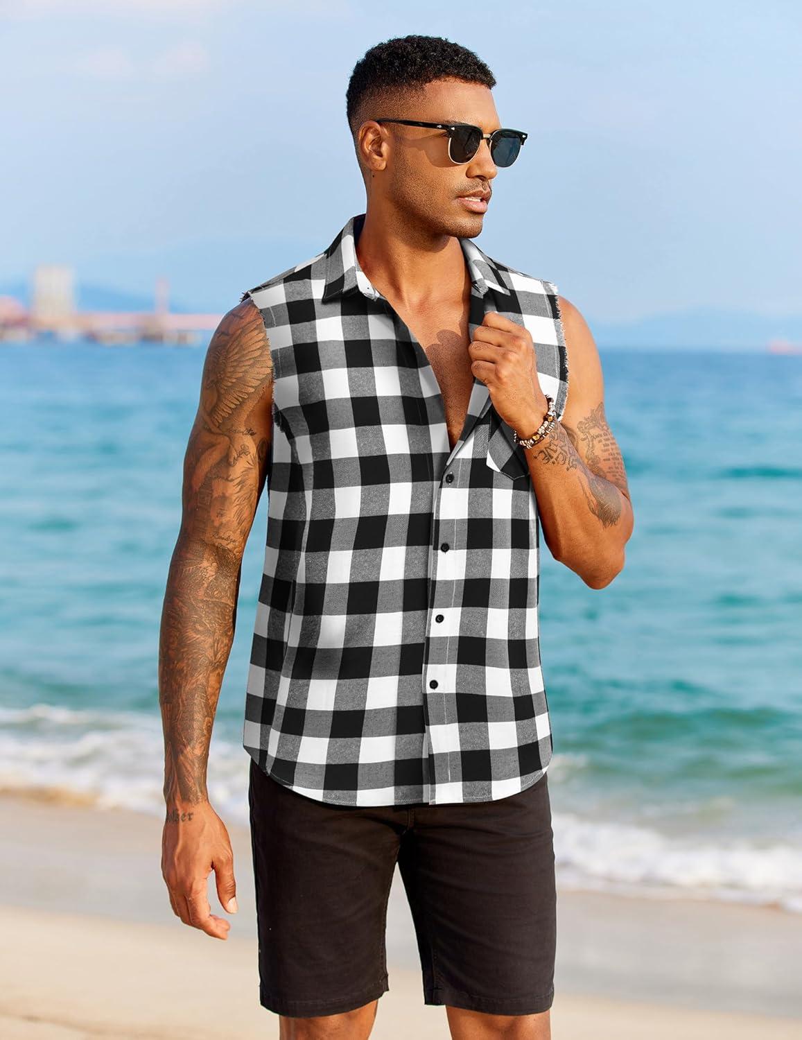 imageCOOFANDY Mens Sleeveless Flannel Shirt Casual Summer Tank Top Button Up Sleeveless Beach Shirts with Chest PocketBlack