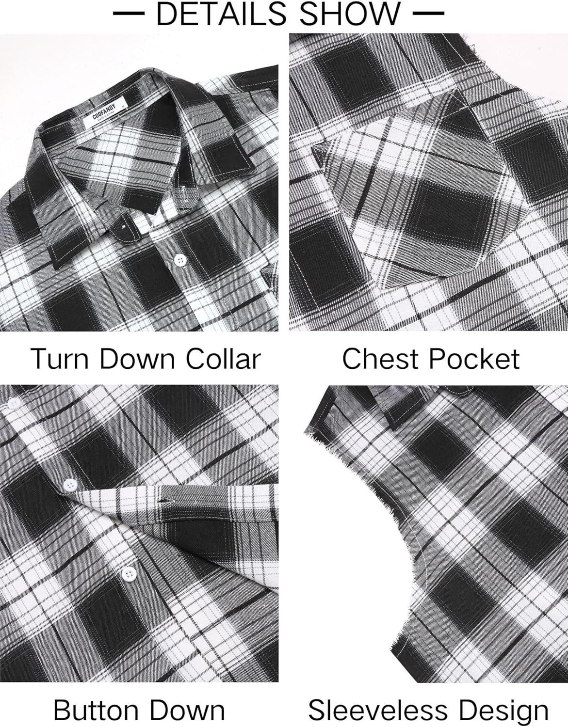imageCOOFANDY Mens Sleeveless Flannel Shirt Casual Summer Tank Top Button Up Sleeveless Beach Shirts with Chest PocketBlack1
