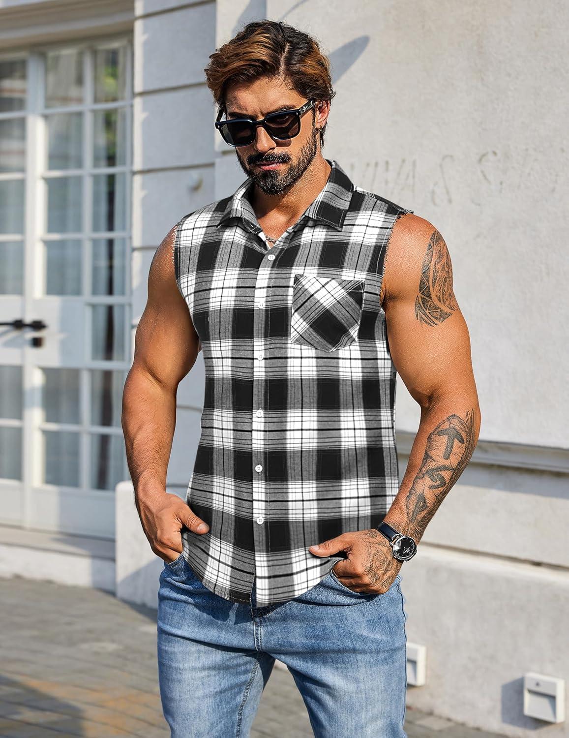 imageCOOFANDY Mens Sleeveless Flannel Shirt Casual Summer Tank Top Button Up Sleeveless Beach Shirts with Chest PocketBlack1