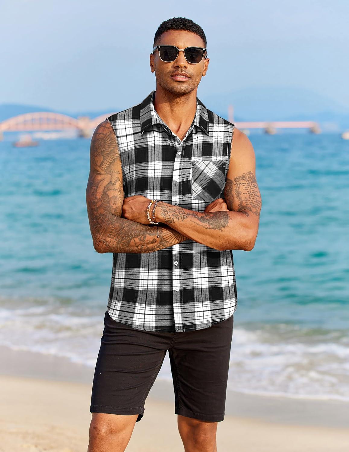 imageCOOFANDY Mens Sleeveless Flannel Shirt Casual Summer Tank Top Button Up Sleeveless Beach Shirts with Chest PocketBlack1