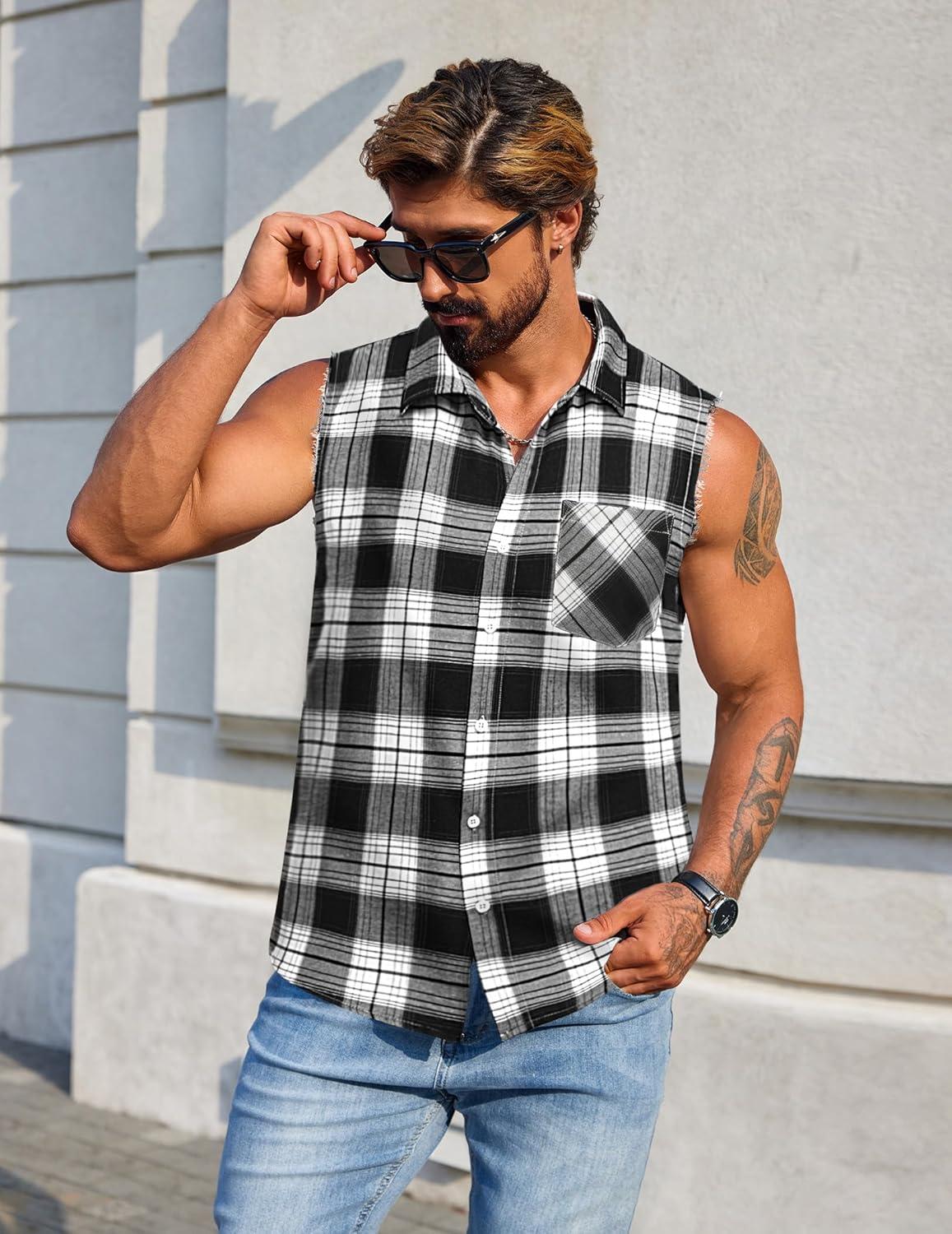 imageCOOFANDY Mens Sleeveless Flannel Shirt Casual Summer Tank Top Button Up Sleeveless Beach Shirts with Chest PocketBlack1