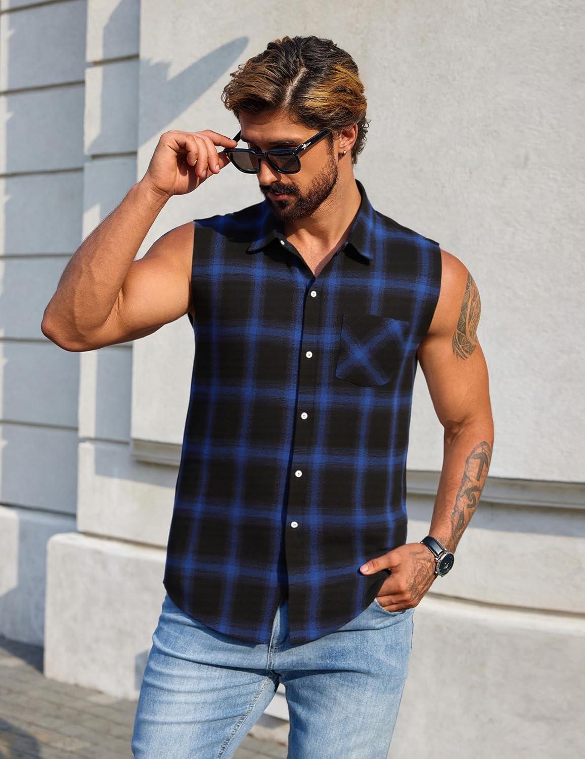 imageCOOFANDY Mens Sleeveless Flannel Shirt Casual Summer Tank Top Button Up Sleeveless Beach Shirts with Chest PocketBlue1