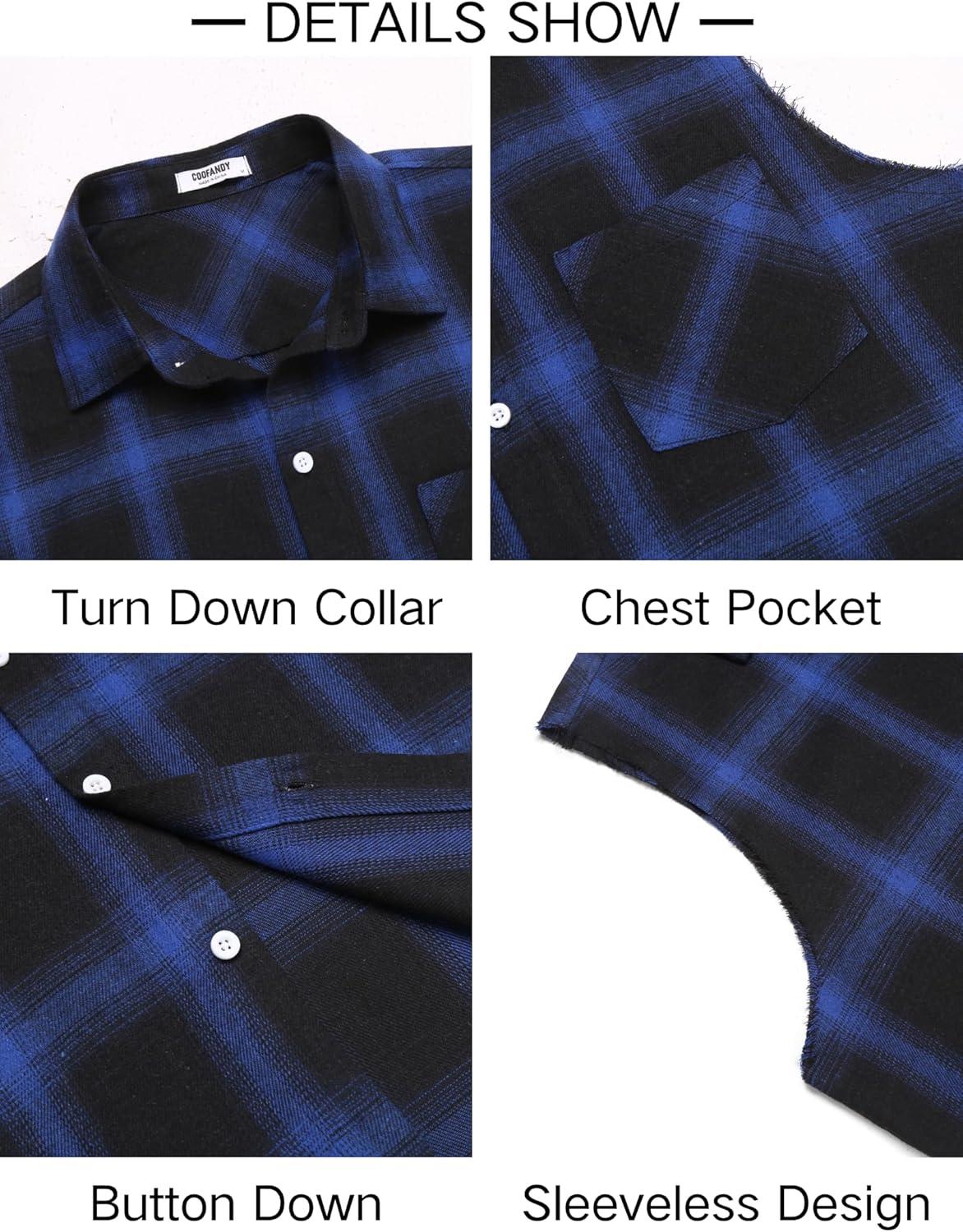 imageCOOFANDY Mens Sleeveless Flannel Shirt Casual Summer Tank Top Button Up Sleeveless Beach Shirts with Chest PocketBlue1