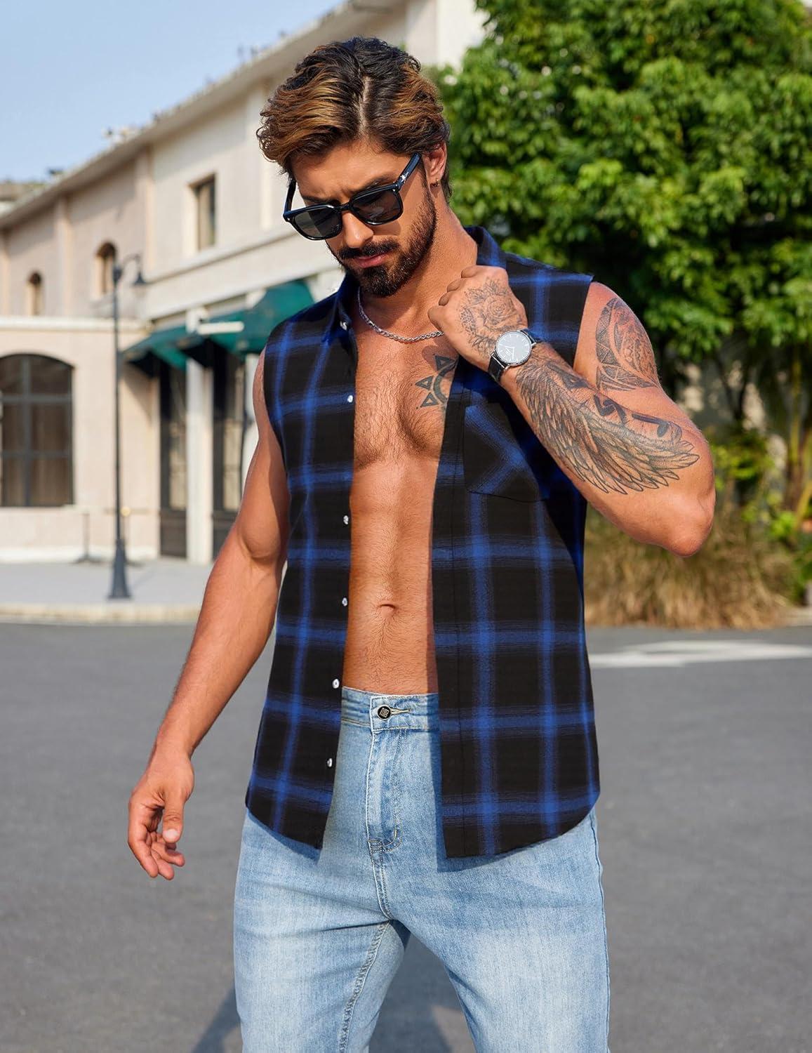 imageCOOFANDY Mens Sleeveless Flannel Shirt Casual Summer Tank Top Button Up Sleeveless Beach Shirts with Chest PocketBlue1