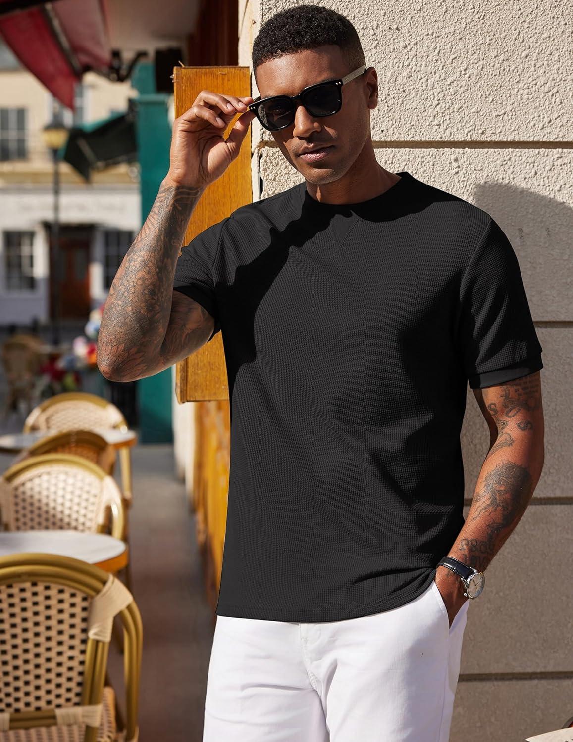 imageCOOFANDY Mens Waffle TShirts Short Sleeve Casual Crew Neck Shirt Cotton Summer Plain Pullover TeesBlack