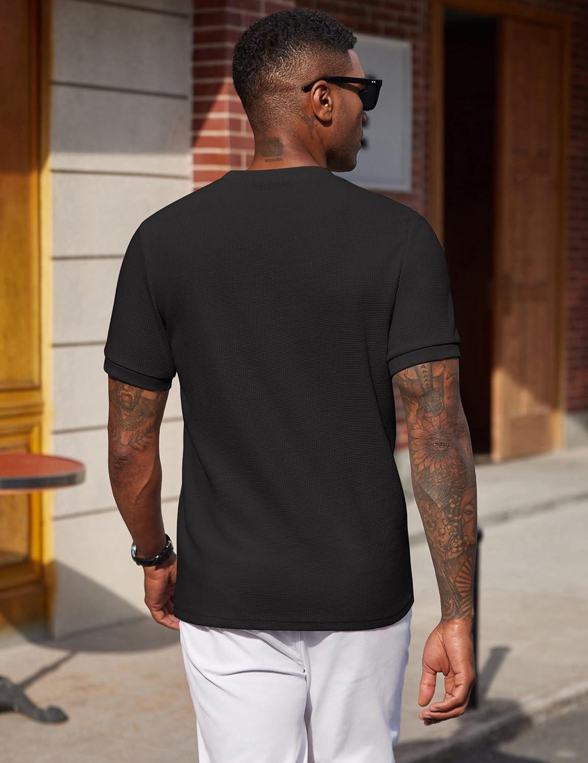 imageCOOFANDY Mens Waffle TShirts Short Sleeve Casual Crew Neck Shirt Cotton Summer Plain Pullover TeesBlack