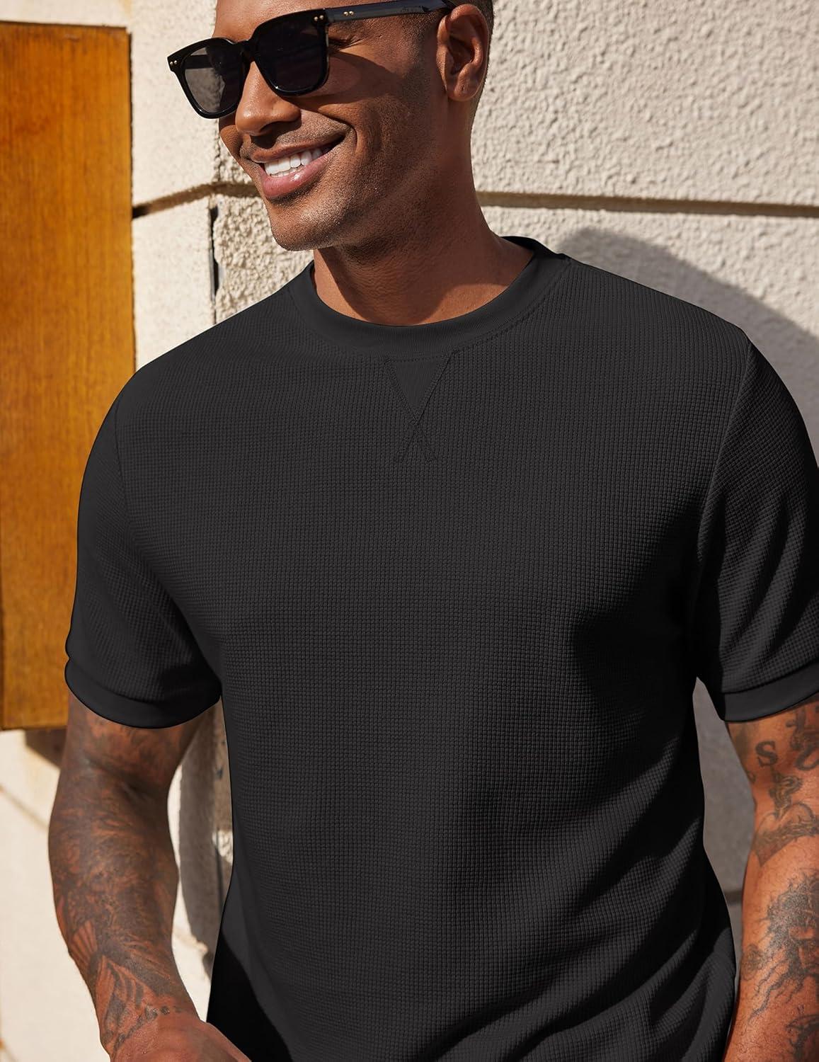 imageCOOFANDY Mens Waffle TShirts Short Sleeve Casual Crew Neck Shirt Cotton Summer Plain Pullover TeesBlack