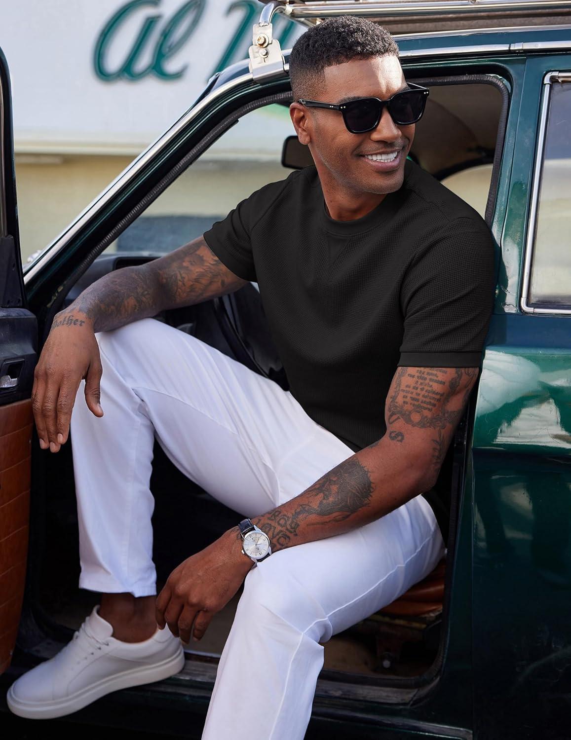 imageCOOFANDY Mens Waffle TShirts Short Sleeve Casual Crew Neck Shirt Cotton Summer Plain Pullover TeesBlack