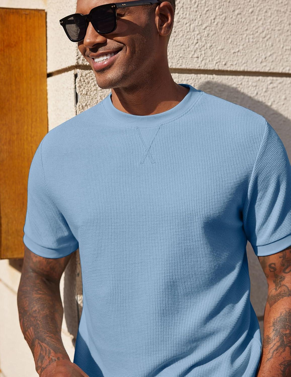 imageCOOFANDY Mens Waffle TShirts Short Sleeve Casual Crew Neck Shirt Cotton Summer Plain Pullover TeesBlue