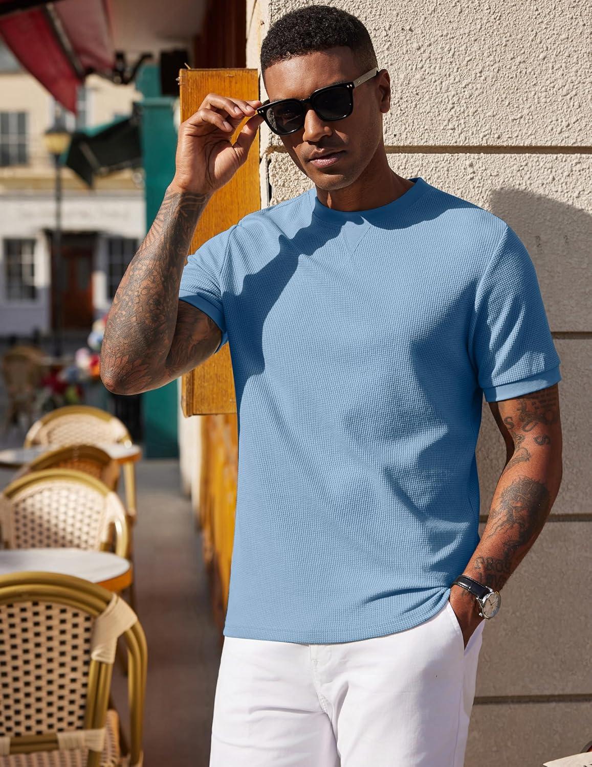 imageCOOFANDY Mens Waffle TShirts Short Sleeve Casual Crew Neck Shirt Cotton Summer Plain Pullover TeesBlue