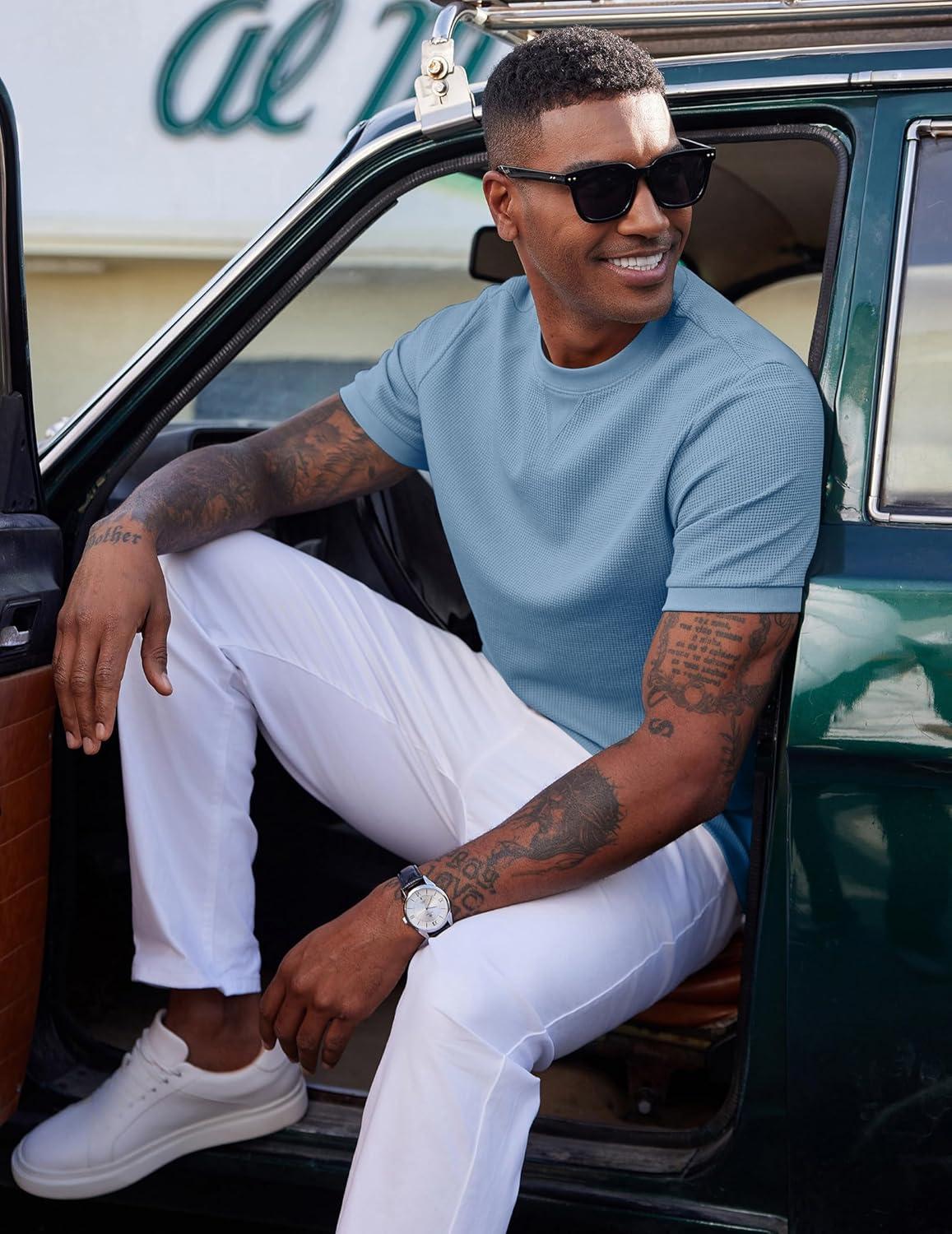 imageCOOFANDY Mens Waffle TShirts Short Sleeve Casual Crew Neck Shirt Cotton Summer Plain Pullover TeesBlue