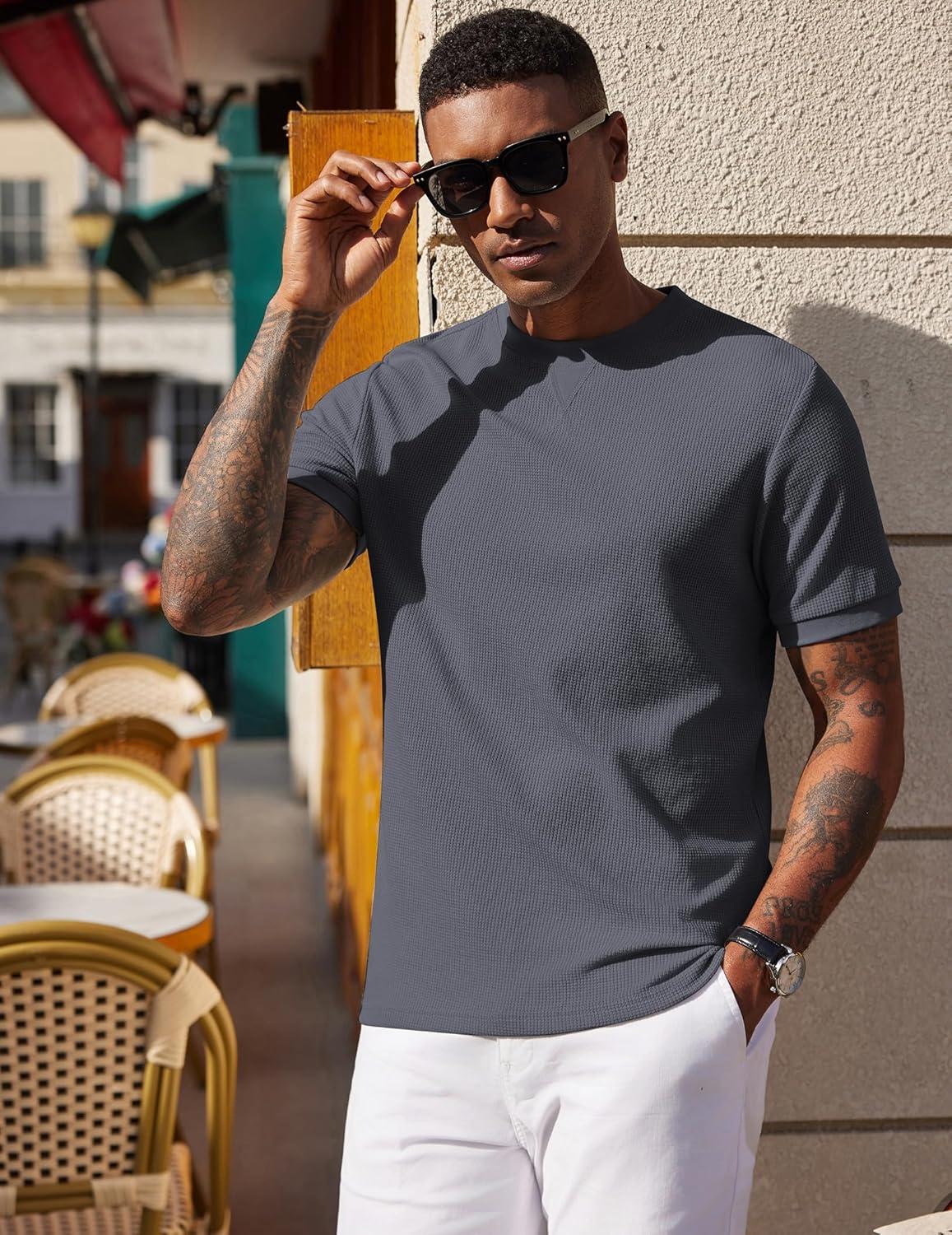 imageCOOFANDY Mens Waffle TShirts Short Sleeve Casual Crew Neck Shirt Cotton Summer Plain Pullover TeesCharcoal Gray