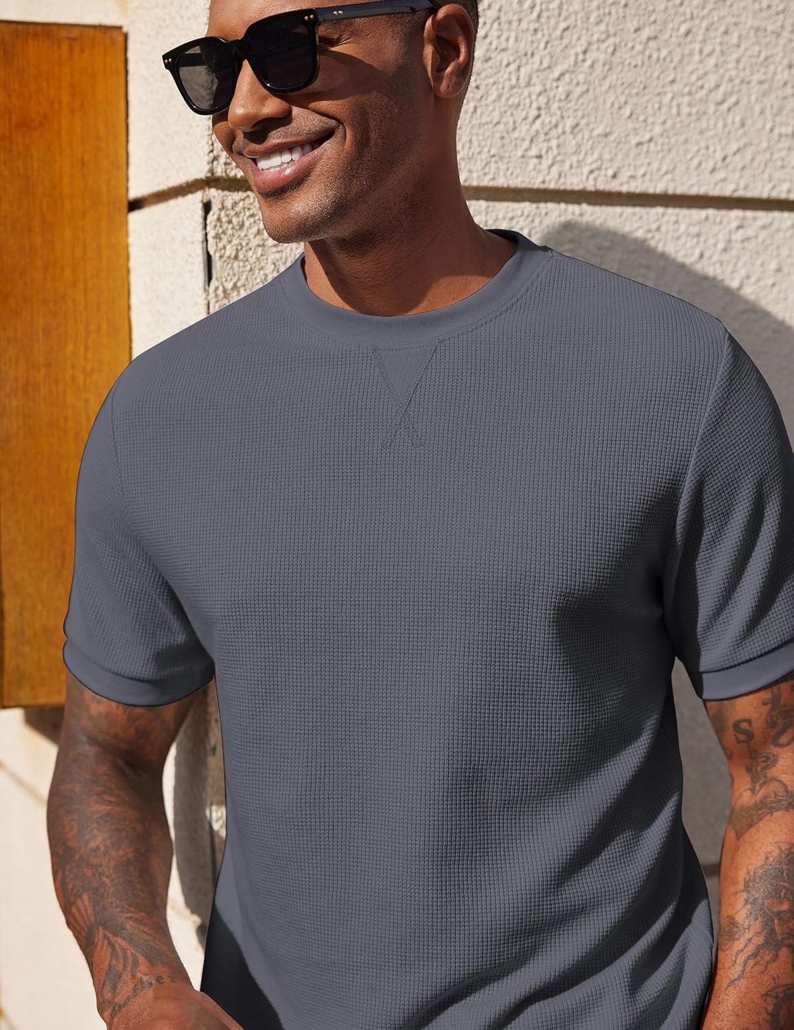 imageCOOFANDY Mens Waffle TShirts Short Sleeve Casual Crew Neck Shirt Cotton Summer Plain Pullover TeesCharcoal Gray