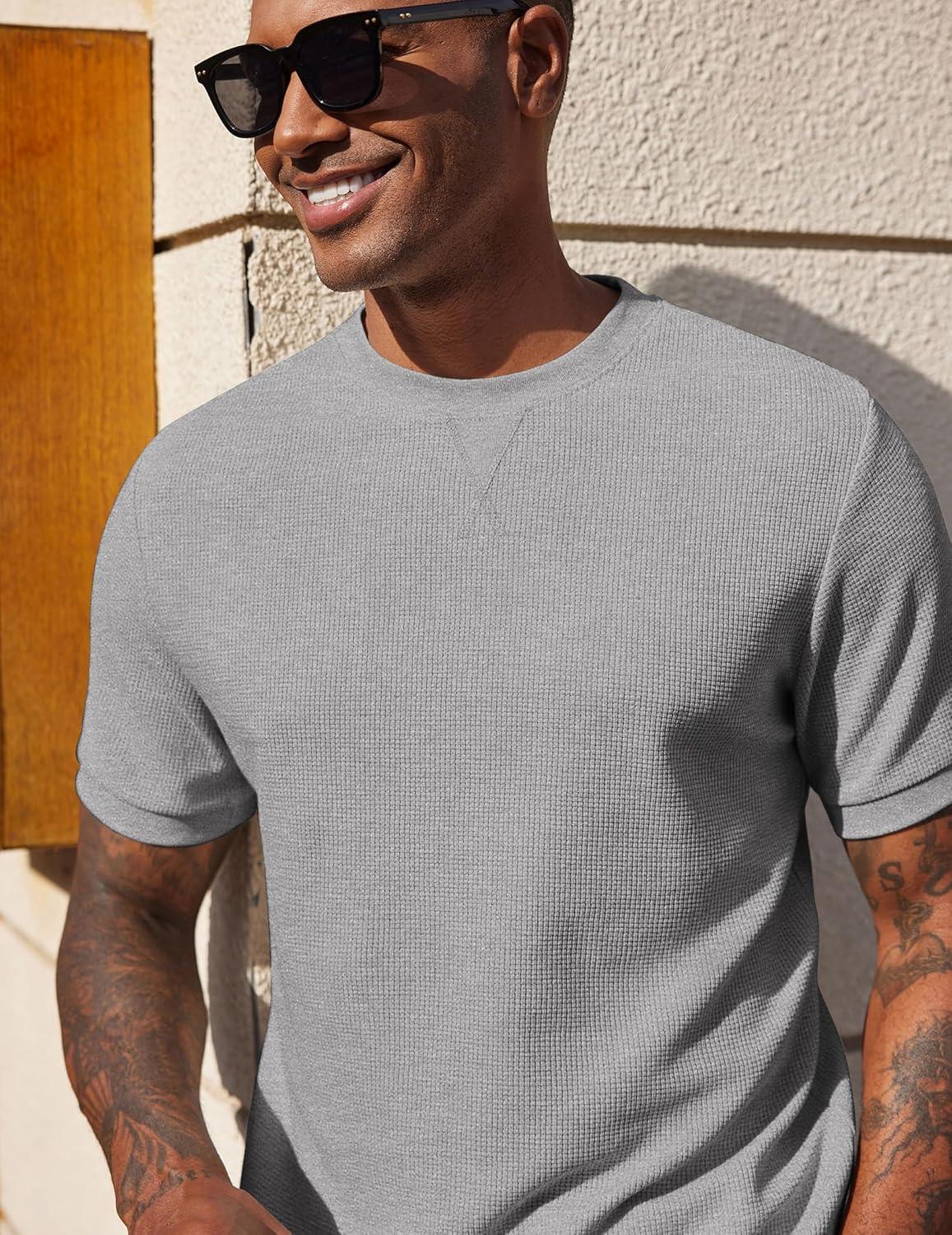 imageCOOFANDY Mens Waffle TShirts Short Sleeve Casual Crew Neck Shirt Cotton Summer Plain Pullover TeesHeather Gray