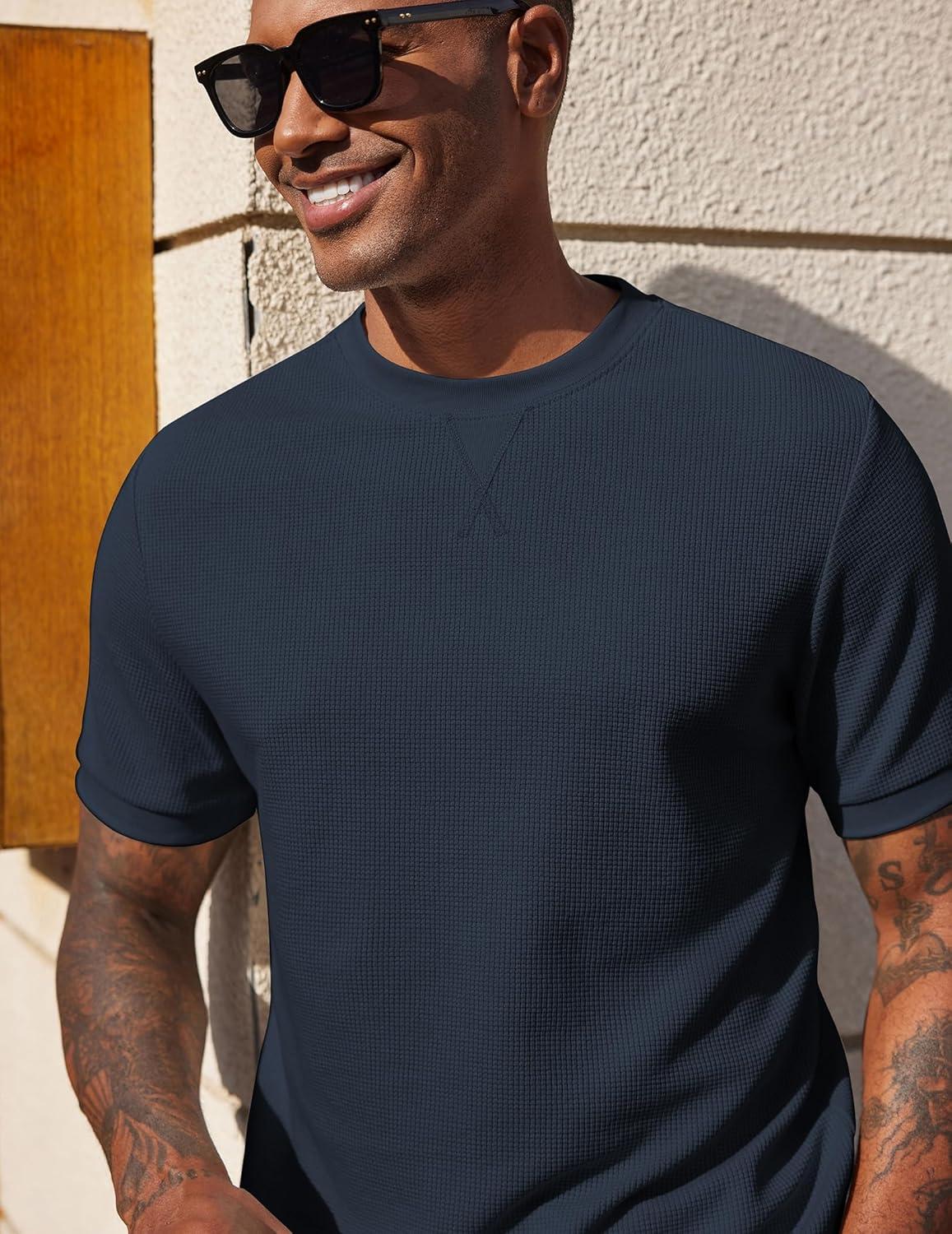 imageCOOFANDY Mens Waffle TShirts Short Sleeve Casual Crew Neck Shirt Cotton Summer Plain Pullover TeesNavy Blue