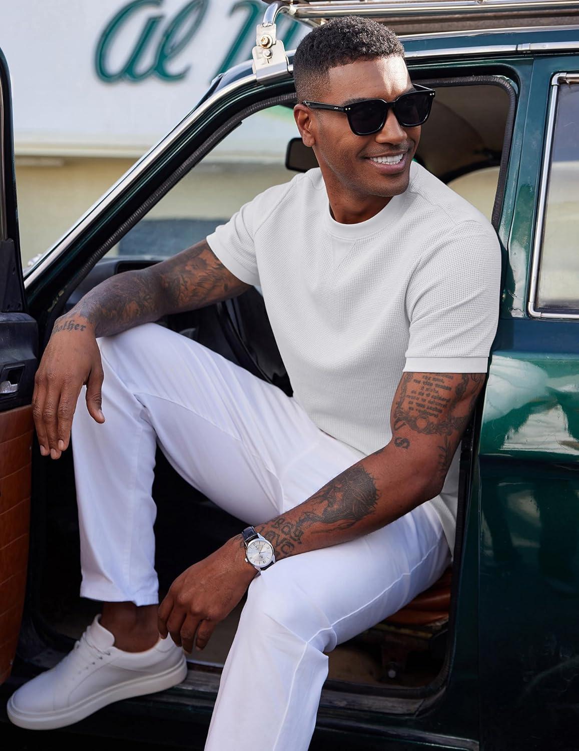 imageCOOFANDY Mens Waffle TShirts Short Sleeve Casual Crew Neck Shirt Cotton Summer Plain Pullover TeesWhite
