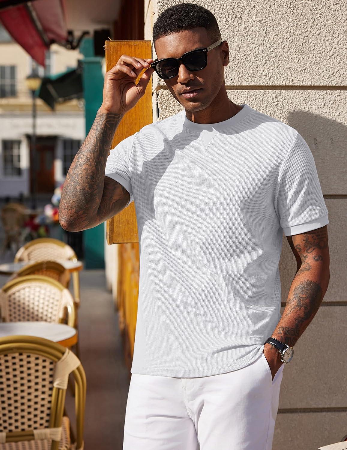 imageCOOFANDY Mens Waffle TShirts Short Sleeve Casual Crew Neck Shirt Cotton Summer Plain Pullover TeesWhite
