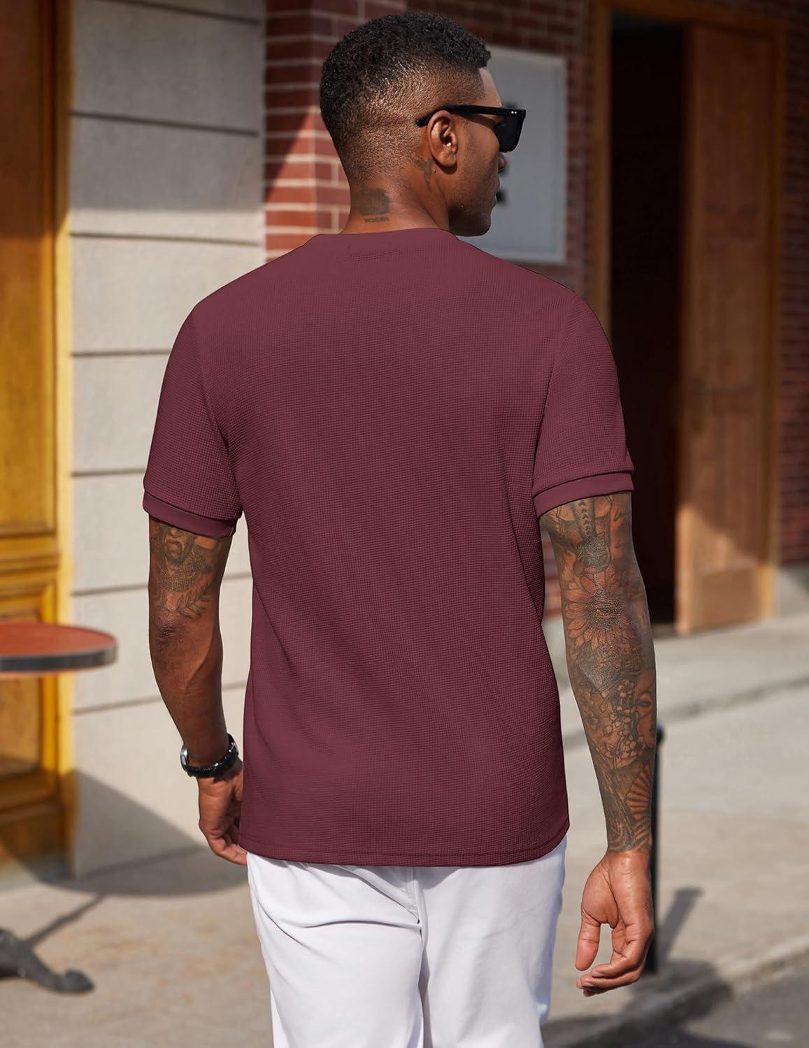 imageCOOFANDY Mens Waffle TShirts Short Sleeve Casual Crew Neck Shirt Cotton Summer Plain Pullover TeesWine Red