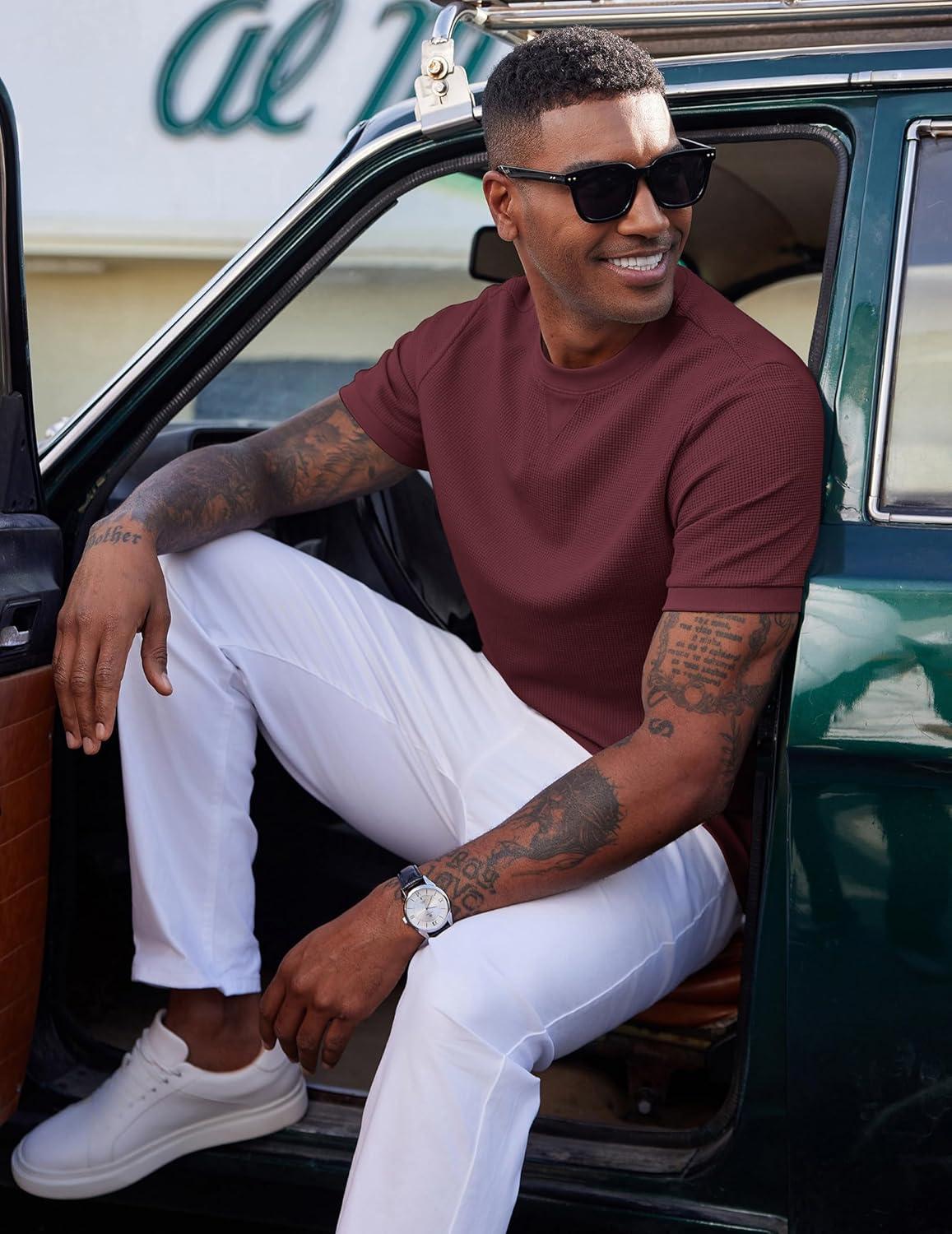 imageCOOFANDY Mens Waffle TShirts Short Sleeve Casual Crew Neck Shirt Cotton Summer Plain Pullover TeesWine Red