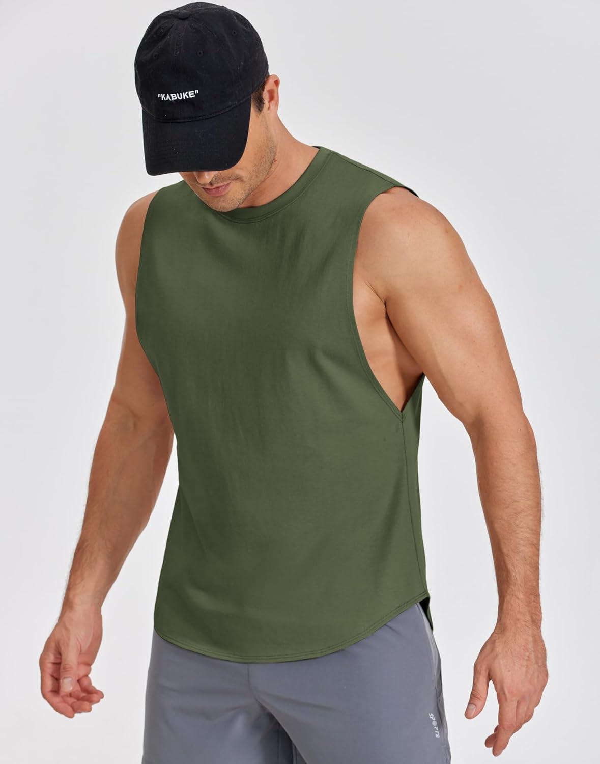 imageCOOFANDY Mens Workout Tank Tops Cotton Cut Off Sleeveless Muscle Shirts Gym Athletic Running T ShirtArmy Green