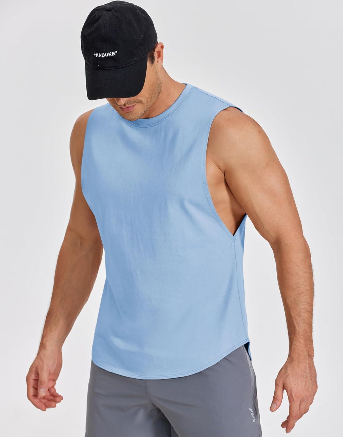 imageCOOFANDY Mens Workout Tank Tops Cotton Cut Off Sleeveless Muscle Shirts Gym Athletic Running T ShirtBlue