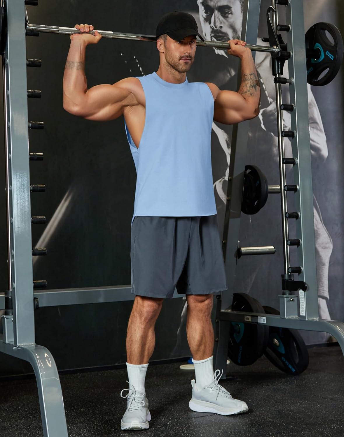 imageCOOFANDY Mens Workout Tank Tops Cotton Cut Off Sleeveless Muscle Shirts Gym Athletic Running T ShirtBlue