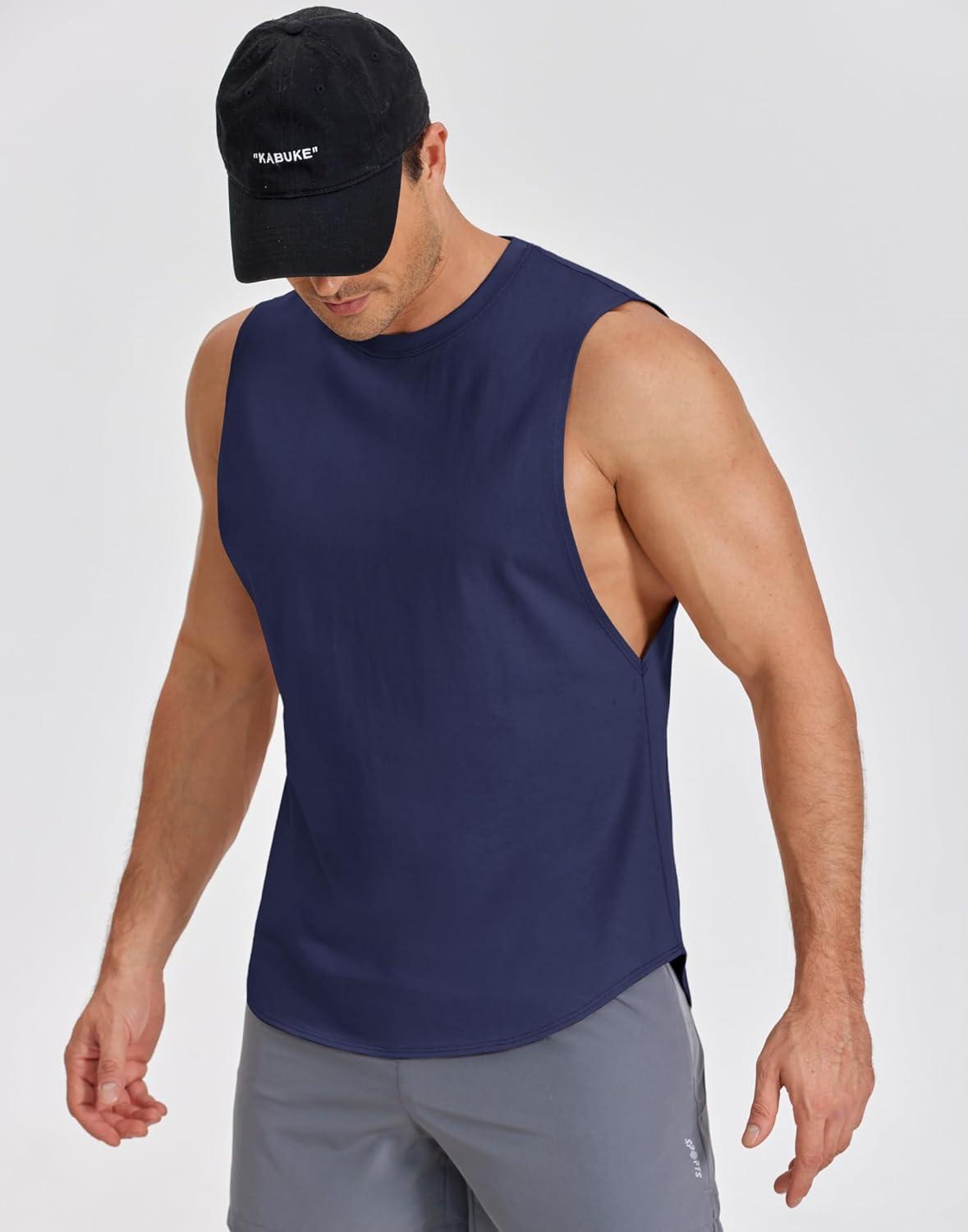 imageCOOFANDY Mens Workout Tank Tops Cotton Cut Off Sleeveless Muscle Shirts Gym Athletic Running T ShirtNavy