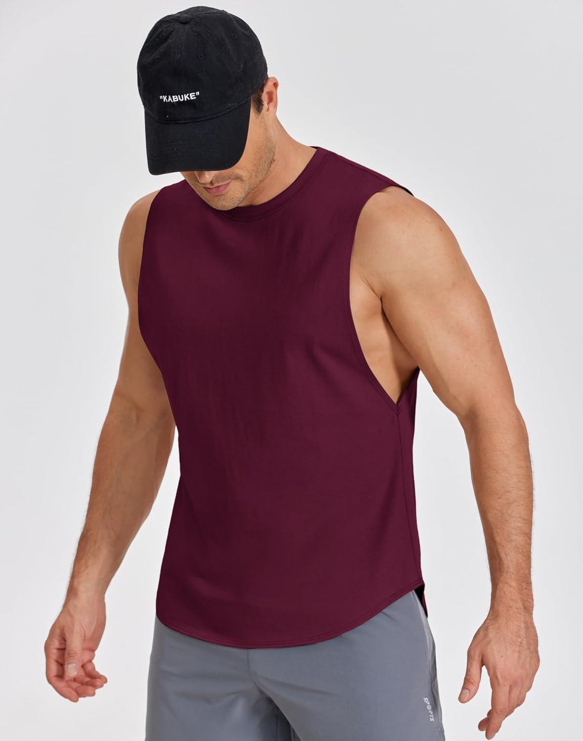 imageCOOFANDY Mens Workout Tank Tops Cotton Cut Off Sleeveless Muscle Shirts Gym Athletic Running T ShirtWine Red