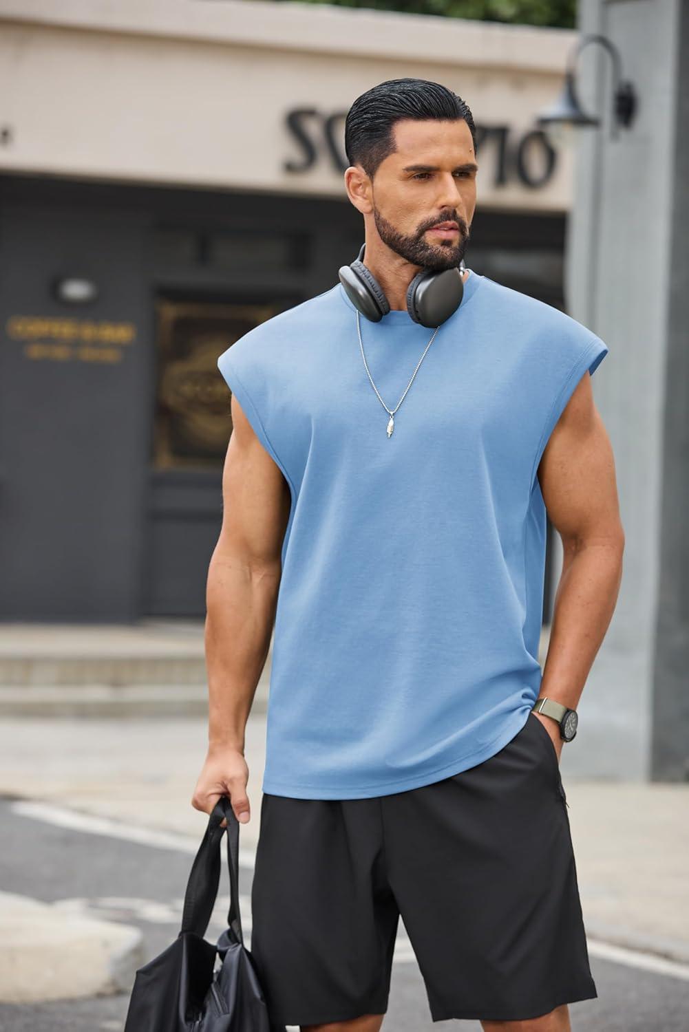 imageCOOFANDY Mens Workout Tank Tops Summer Sleeveless Tee Shirts Casual Stylish Gym Muscle Shirt Loose Fit for BasketballLight Blue