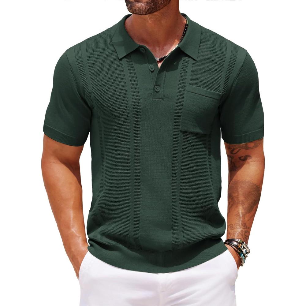 imageCOOFANDY Knit Polo Shirts for Men Short Sleeve Textured Polo Shirt Slim Fit Summer Collared T Shirt with PocketGreen