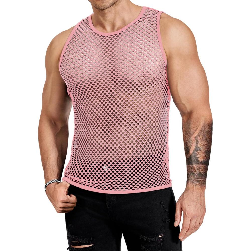 imageCOOFANDY Men Casual Tank Tops Mesh Shirt See Through Sleeveless Shirts Muscle Fishnet Fitted Tee Clubwear SummerPink