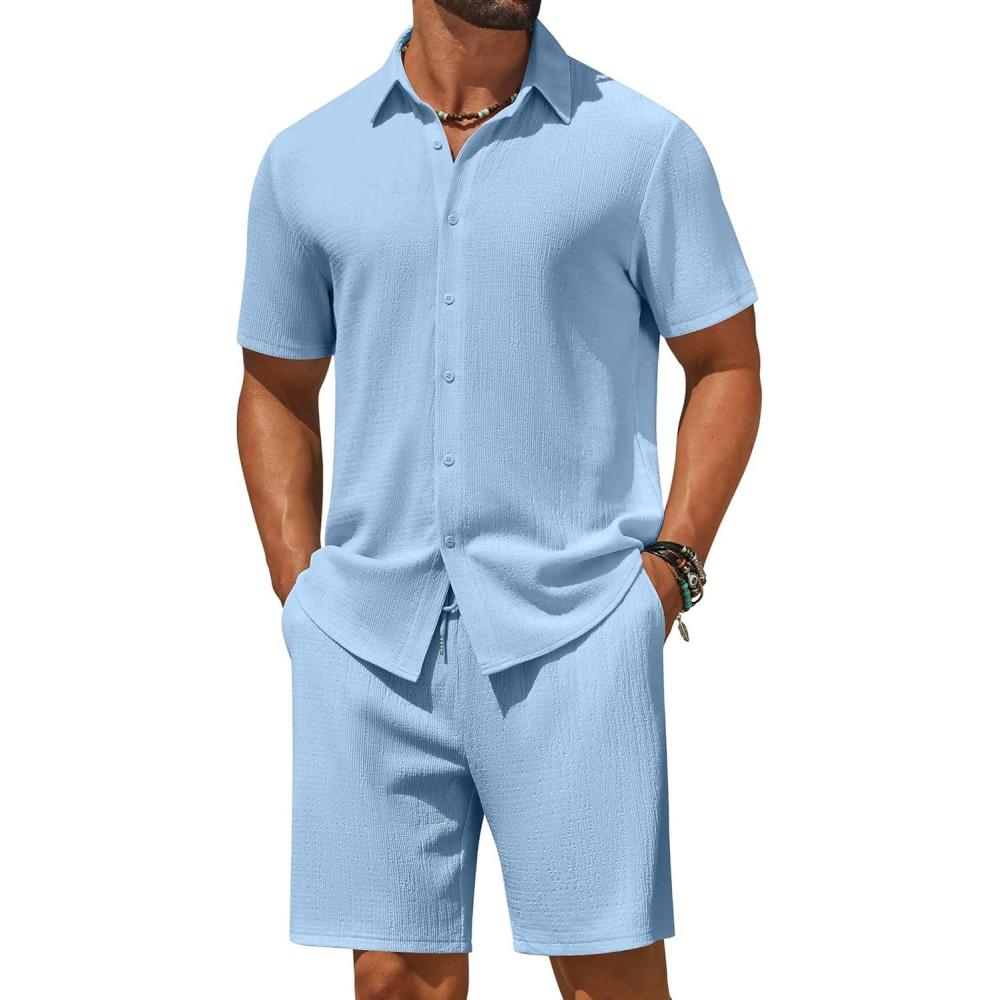 imageCOOFANDY Mens 2 Piece Outfit Casual Short Sleeve Button Down Shirt and Beach Shorts Set Summer Vacation Outfits for MenBlue