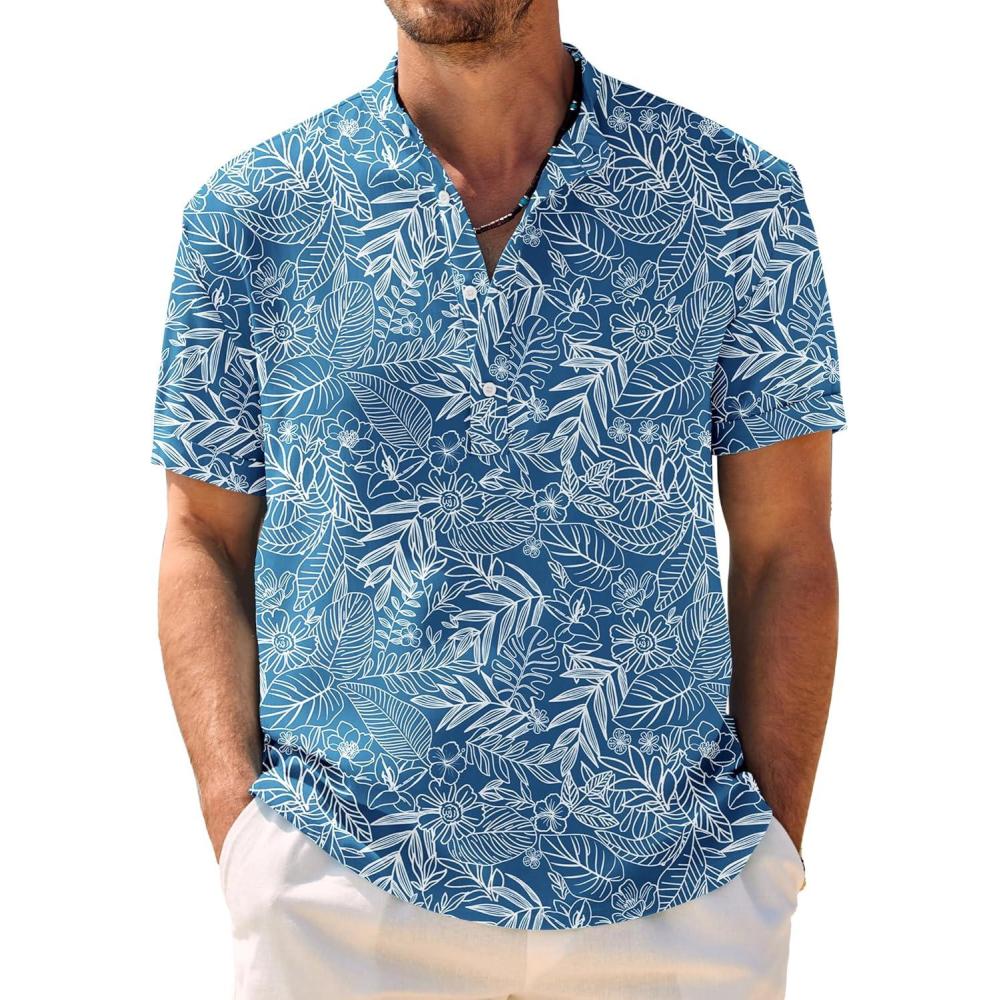 imageCOOFANDY Mens Casual Henley Shirt Band Collar Short Sleeve Shirt Summer Beach Hippie TShirtBlue Palm Leaf