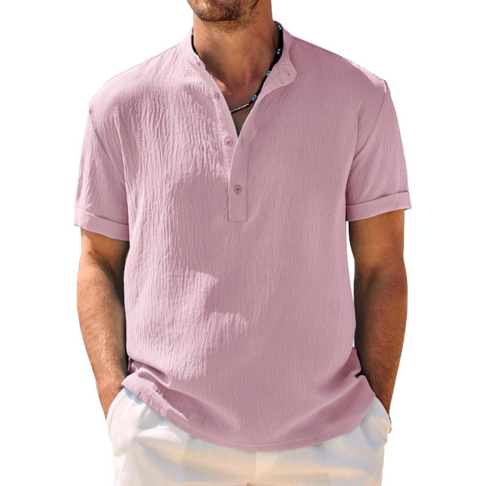 imageCOOFANDY Mens Casual Henley Shirt Band Collar Short Sleeve Shirt Summer Beach Hippie TShirtLight Pink