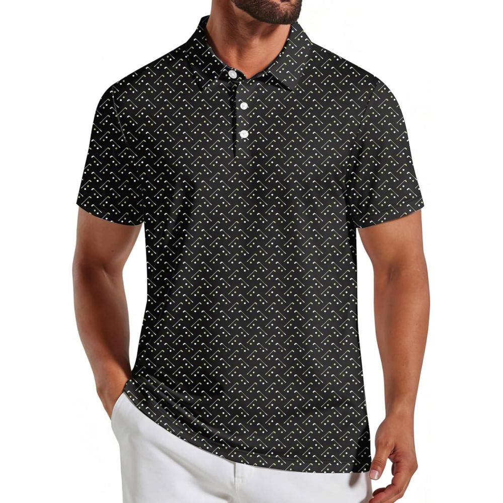 imageCOOFANDY Mens Golf Polo Shirts Short Sleeve Quick Dry Performance Moisture Wicking Golf Shirts Casual Print Collared ShirtBlack Golf Clubs