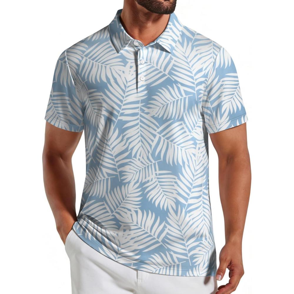 imageCOOFANDY Mens Golf Polo Shirts Short Sleeve Quick Dry Performance Moisture Wicking Golf Shirts Casual Print Collared ShirtBlue White Leaf