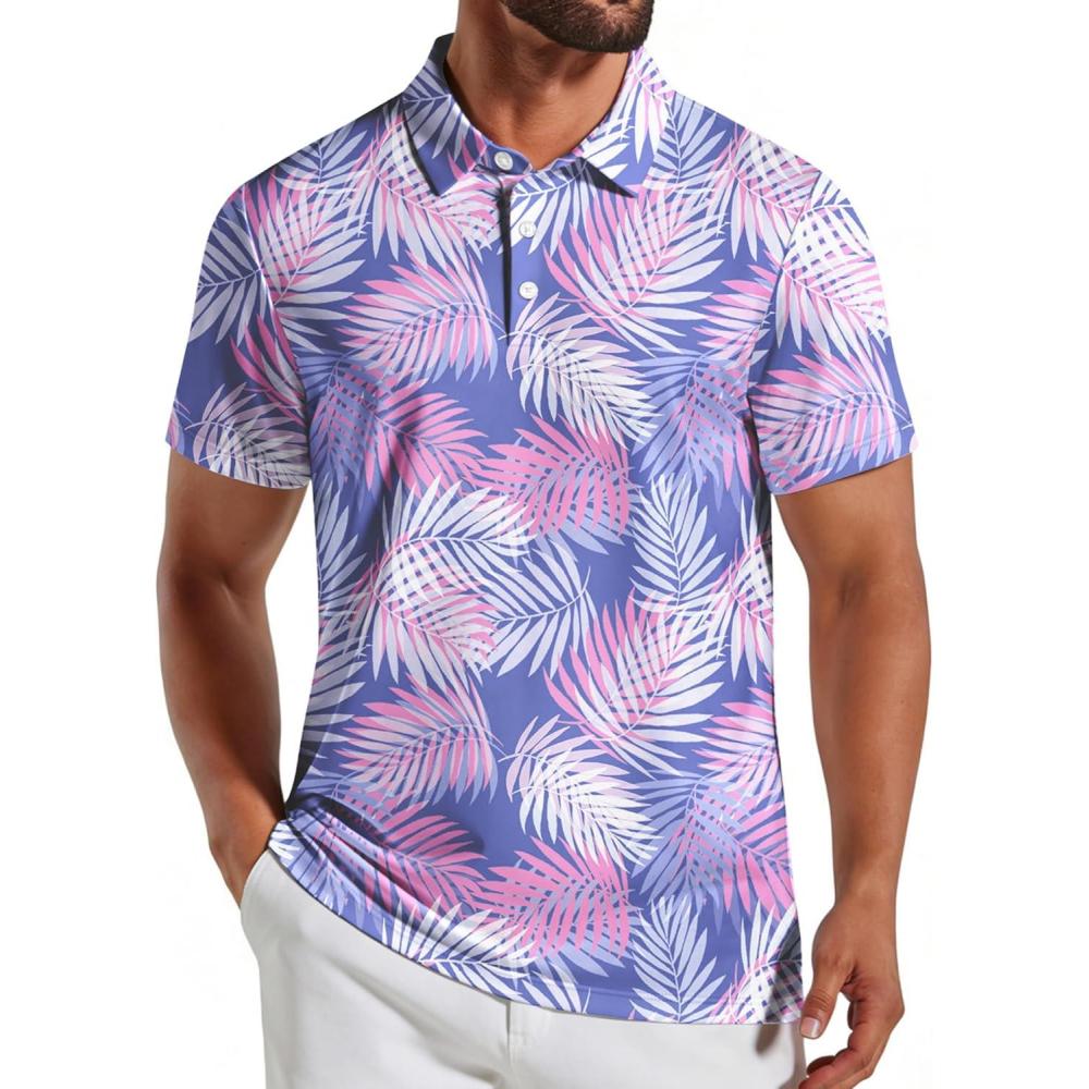 imageCOOFANDY Mens Golf Polo Shirts Short Sleeve Quick Dry Performance Moisture Wicking Golf Shirts Casual Print Collared ShirtLight Blue Leaf