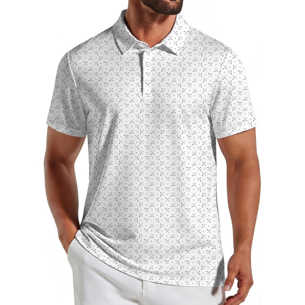 imageCOOFANDY Mens Golf Polo Shirts Short Sleeve Quick Dry Performance Moisture Wicking Golf Shirts Casual Print Collared ShirtWhite Golf Clubs