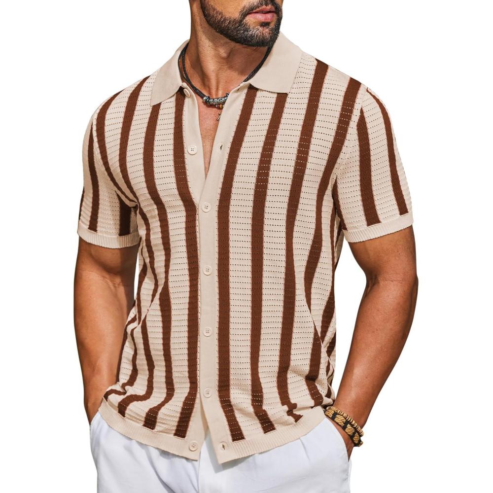 imageCOOFANDY Mens Knit Shirts Short Sleeve Button Down Polo Shirt Striped Casual Summer Beach ShirtsApricot Caramel