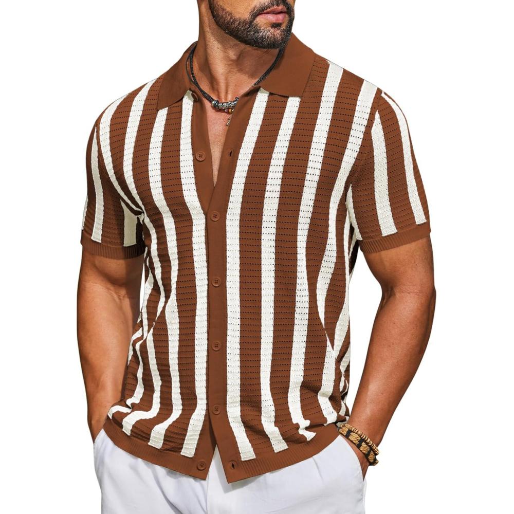 imageCOOFANDY Mens Knit Shirts Short Sleeve Button Down Polo Shirt Striped Casual Summer Beach ShirtsCaramel Beige