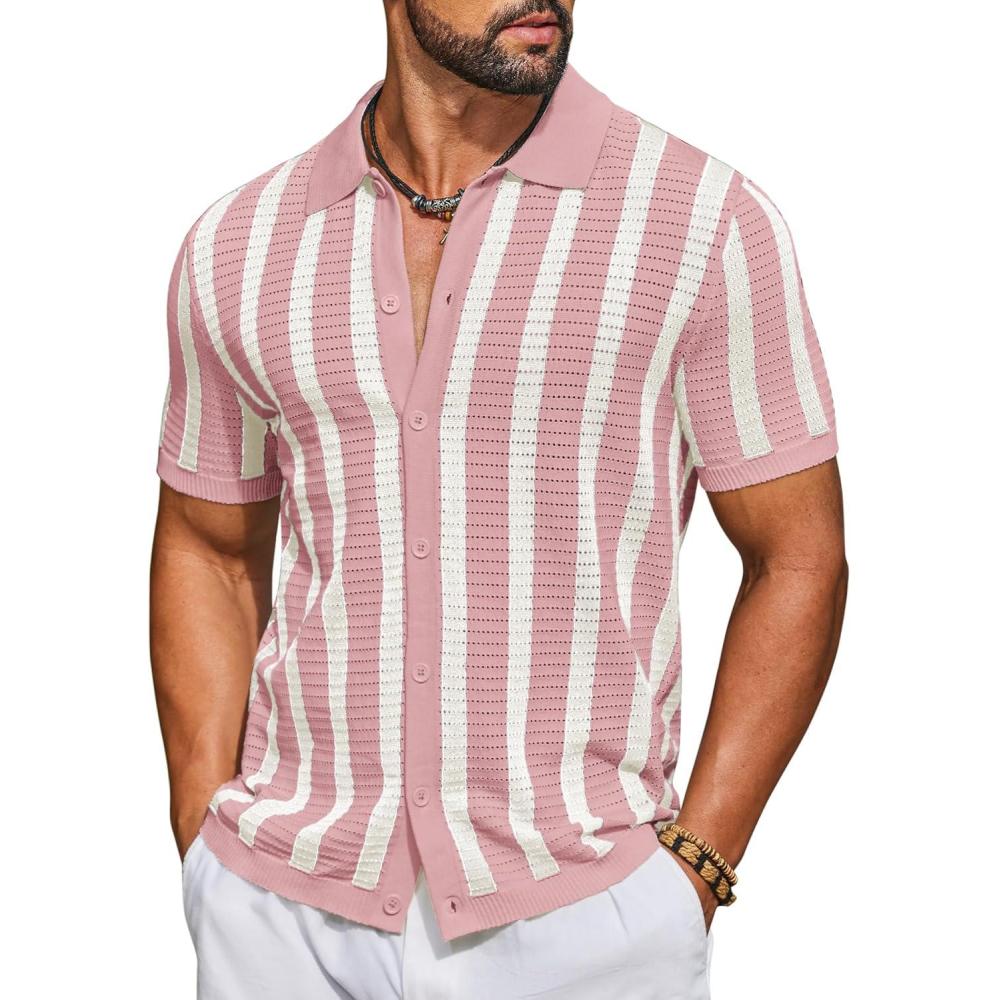 imageCOOFANDY Mens Knit Shirts Short Sleeve Button Down Polo Shirt Striped Casual Summer Beach ShirtsDusty Pink Beige