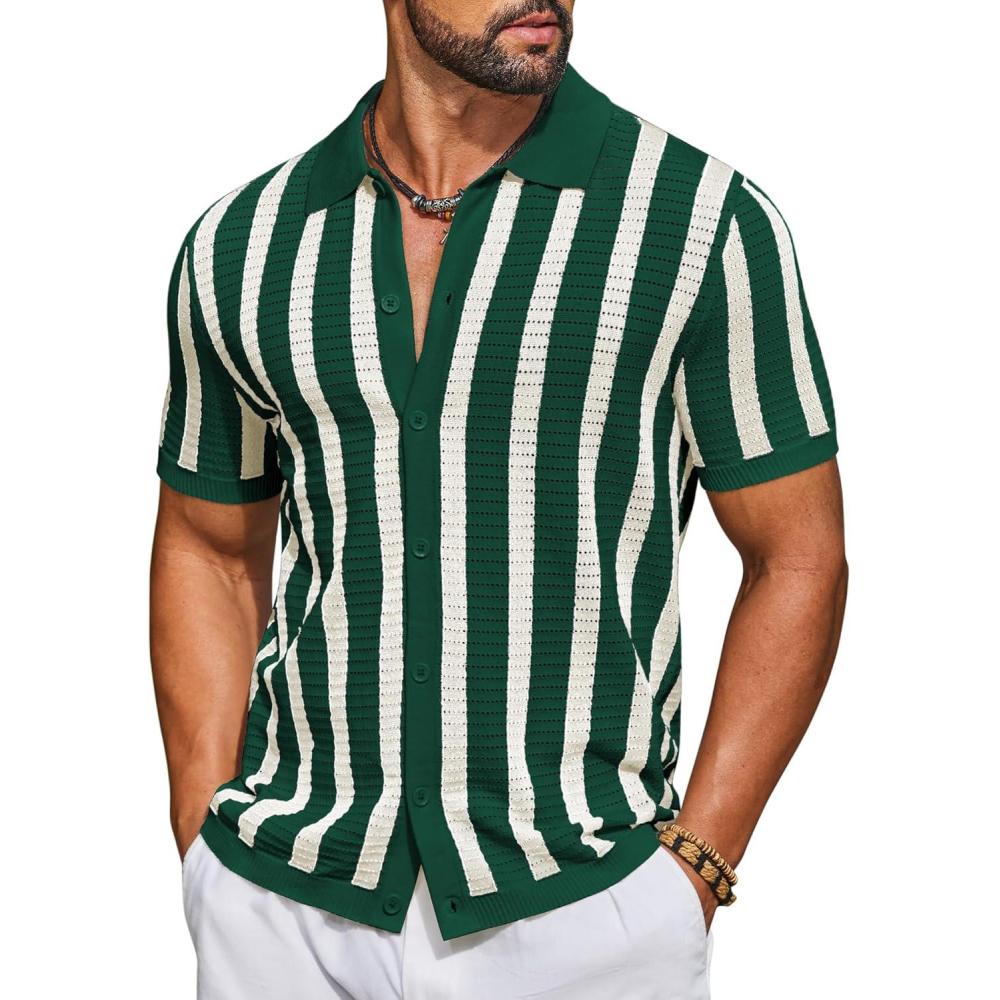 imageCOOFANDY Mens Knit Shirts Short Sleeve Button Down Polo Shirt Striped Casual Summer Beach ShirtsGreen Beige