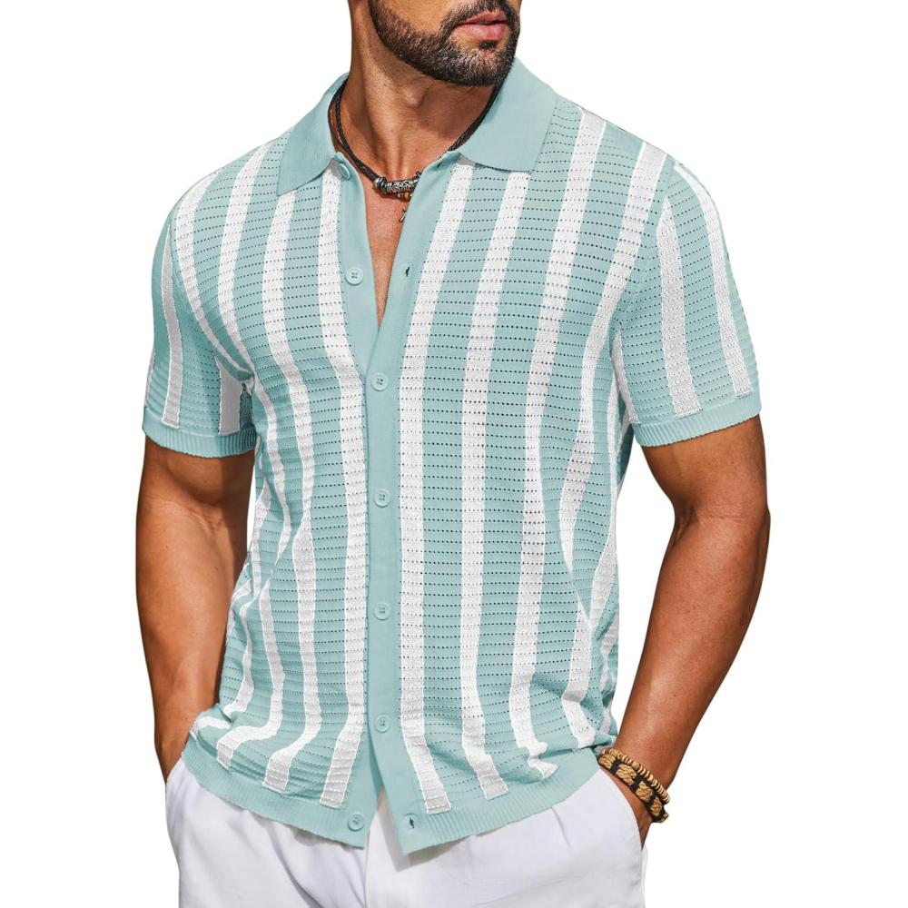 imageCOOFANDY Mens Knit Shirts Short Sleeve Button Down Polo Shirt Striped Casual Summer Beach ShirtsIce Green White