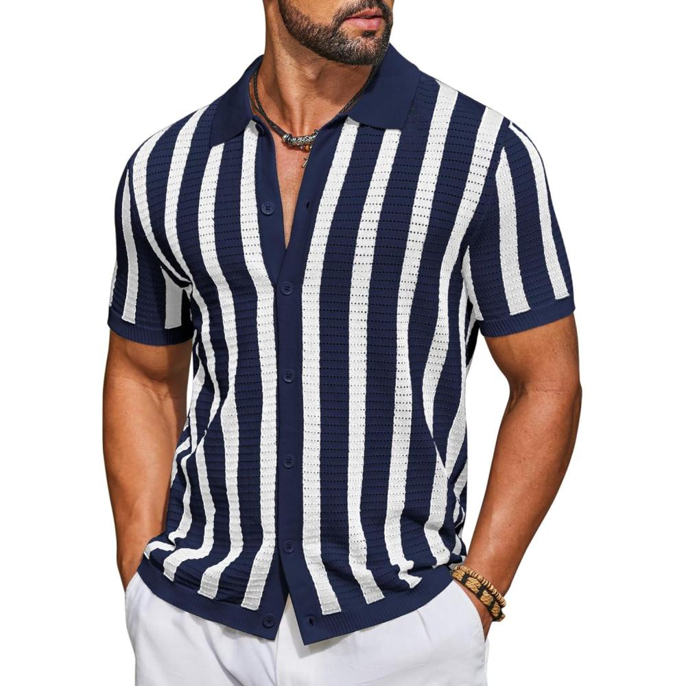imageCOOFANDY Mens Knit Shirts Short Sleeve Button Down Polo Shirt Striped Casual Summer Beach ShirtsNavy Blue White