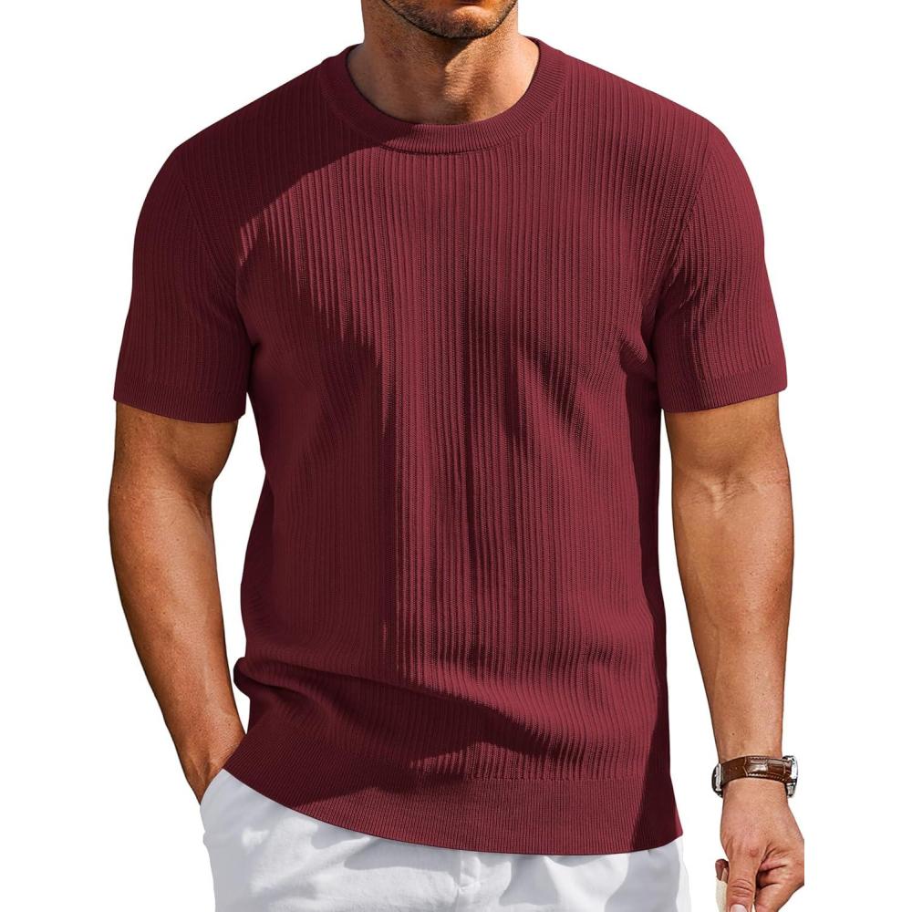 imageCOOFANDY Mens TShirts Short Sleeve Knit Shirts Casual Crewneck Ribbed Dress Tee ShirtWine Red
