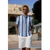 COOFANDY Men’s Casual Henley Shirt Band Collar Short Sleeve Shirt Summer Beach Hippie T-Shirt(Stripe-white & Blue)