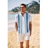 COOFANDY Men’s Casual Henley Shirt Band Collar Short Sleeve Shirt Summer Beach Hippie T-Shirt(Stripe-white & Lake Blue)
