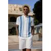 COOFANDY Men’s Casual Henley Shirt Band Collar Short Sleeve Shirt Summer Beach Hippie T-Shirt(Stripe-white & Lake Blue)